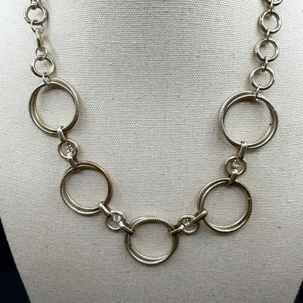 Silver Tone Circle Link Statement Necklace Rhinestone Accents Modern Geometric